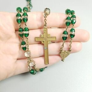 Vintage Rosary Inri Cross Crucifix Green Bead Beaded Necklace Gold Tone, Estate